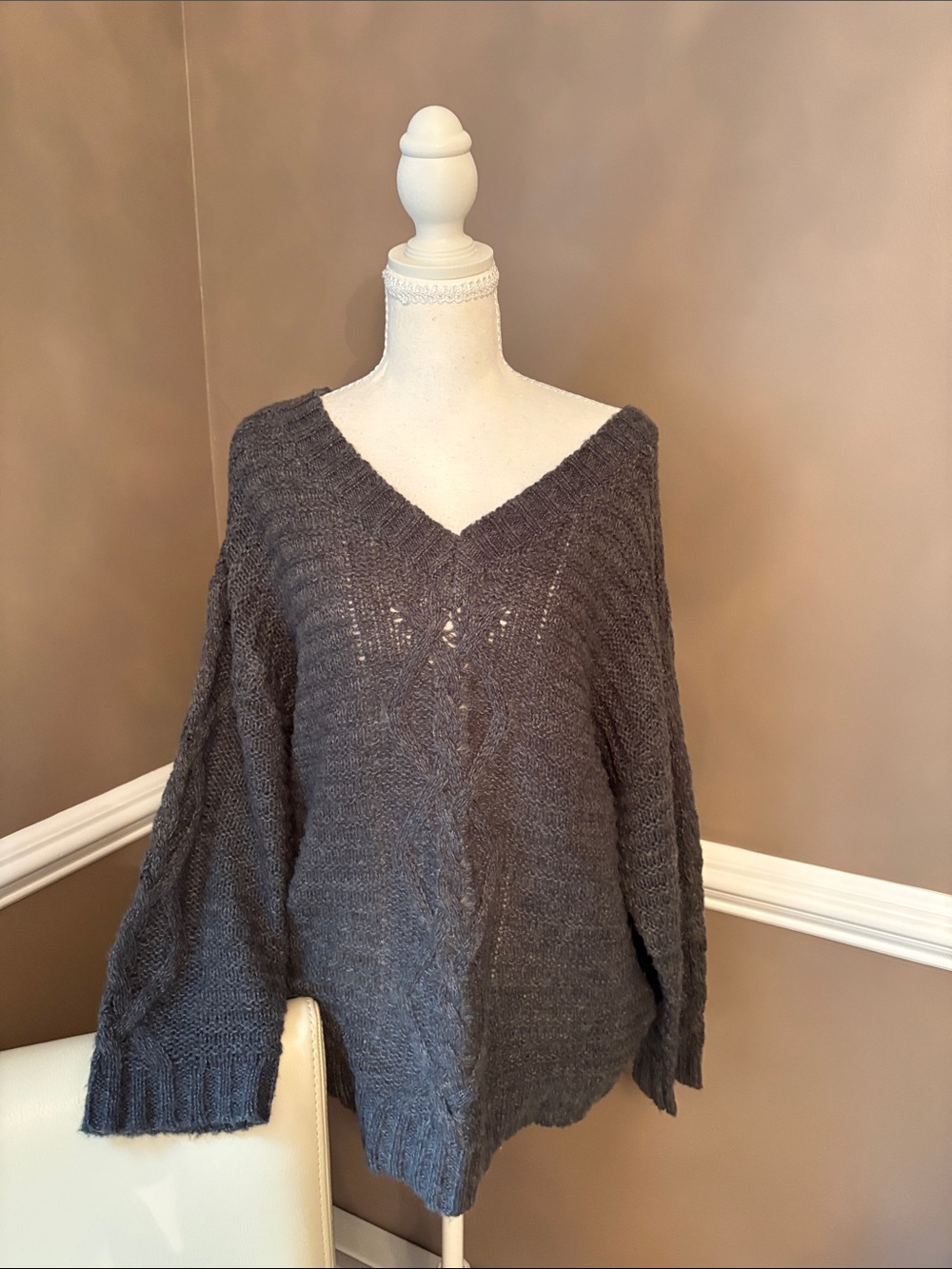 American Eagle Outfitters Charcoal V-Neck Cable Knit Sweater